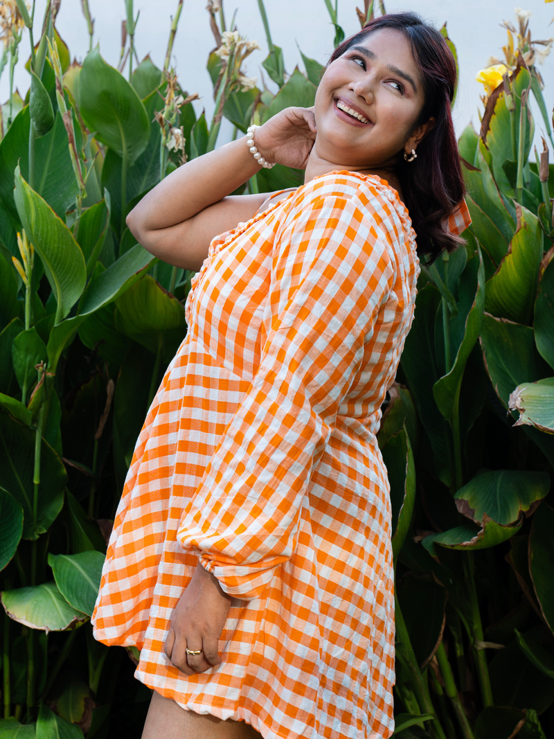 Orange Gingham Short Dress