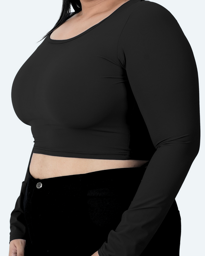 U-SHAPE LONG SLEEVE CROPPED TOP - BLACK