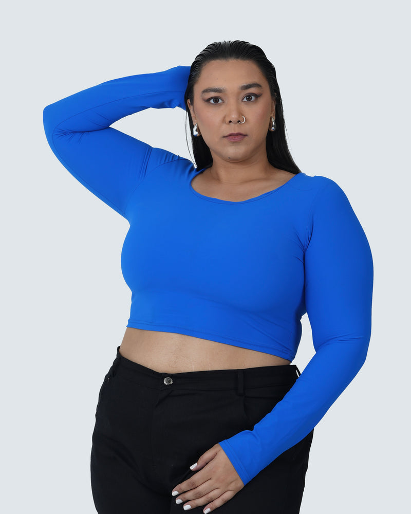 U-SHAPE LONG SLEEVE CROPPED TOP - BLUE