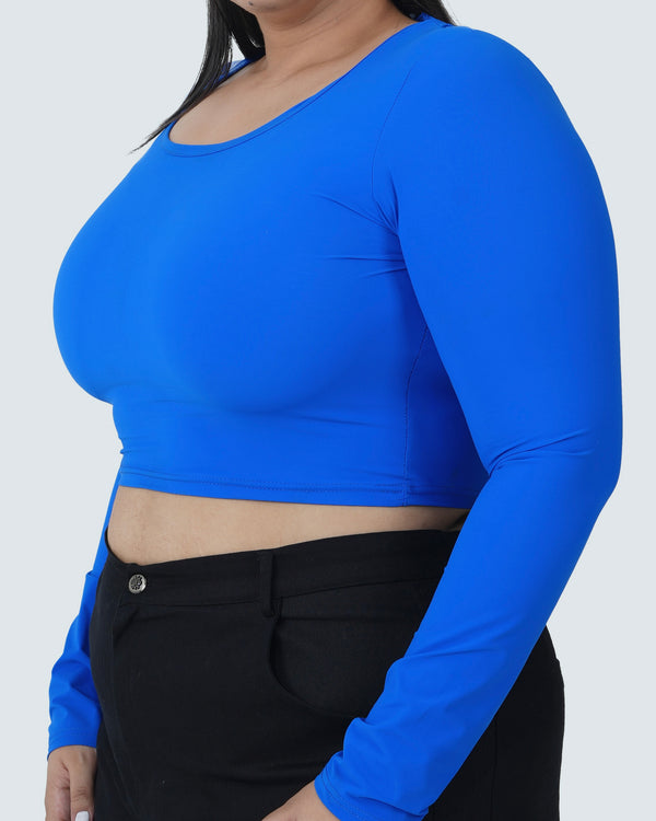 U-SHAPE LONG SLEEVE CROPPED TOP - BLUE