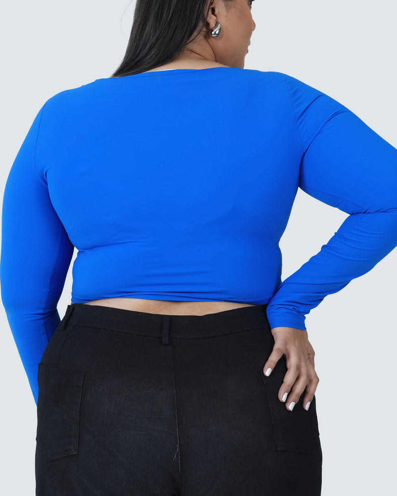 U-SHAPE LONG SLEEVE CROPPED TOP - BLUE