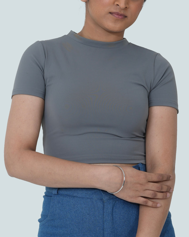 CREW NECK SHORT SLEEVE CROPPED TOP - GREY