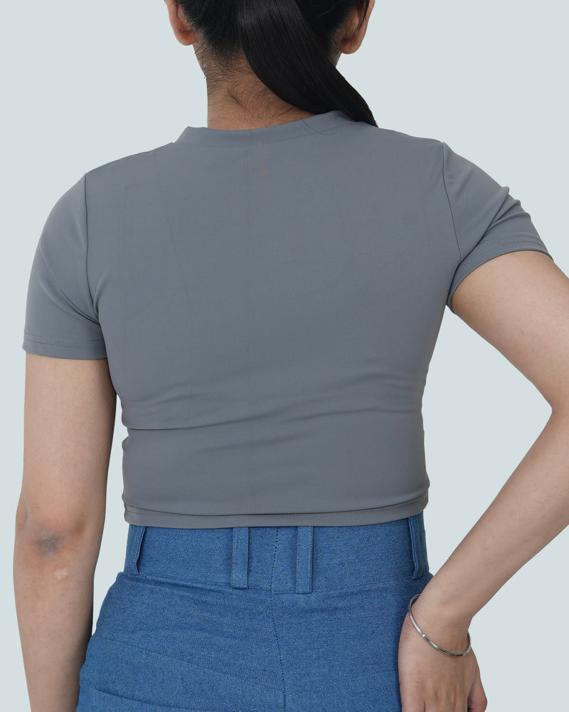 CREW NECK SHORT SLEEVE CROPPED TOP - GREY