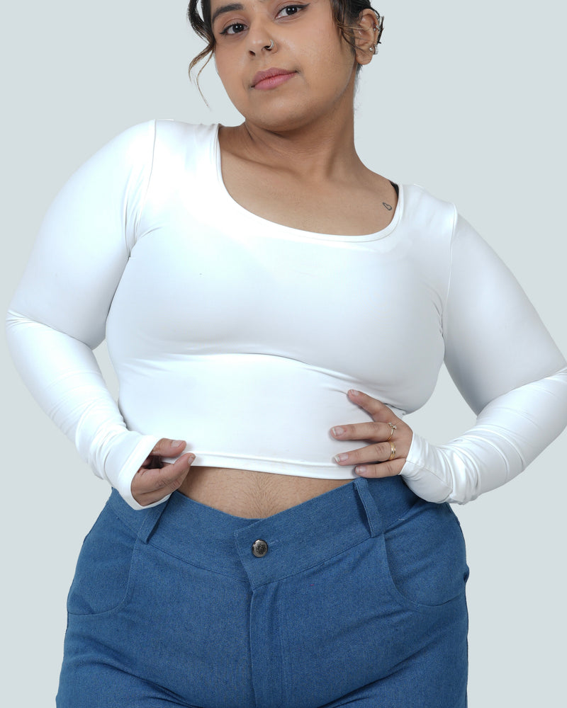 U-SHAPE LONG SLEEVE CROPPED TOP - WHITE