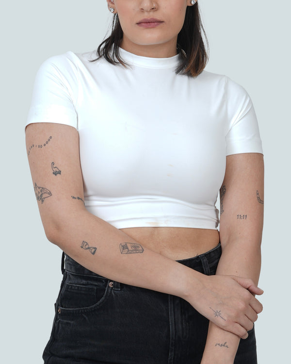 CREW NECK SHORT SLEEVE CROPPED TOP - WHITE