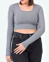 U-SHAPE LONG SLEEVE CROPPED TOP - GREY