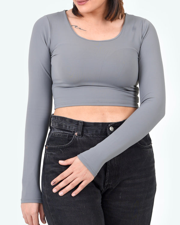 U-SHAPE LONG SLEEVE CROPPED TOP - GREY