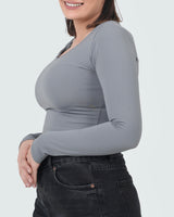 U-SHAPE LONG SLEEVE CROPPED TOP - GREY