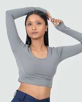 U-SHAPE LONG SLEEVE CROPPED TOP - GREY